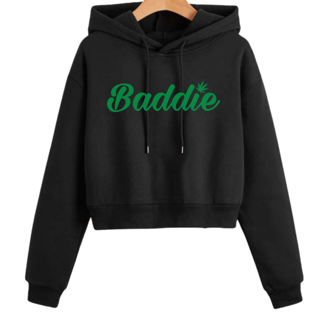 Baddie w/ Leaf  (Green Font) Crop Top Certified Baddie Club Black Hoodie
