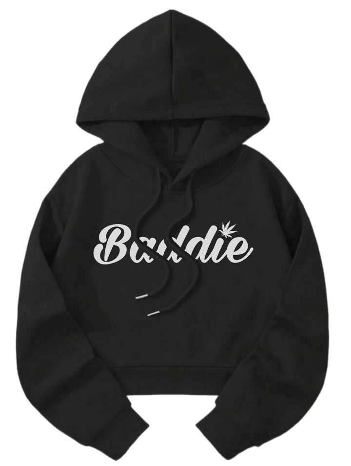 Baddie w/ Leaf  (White Font) Crop Top Certified Baddie Club Hoodie