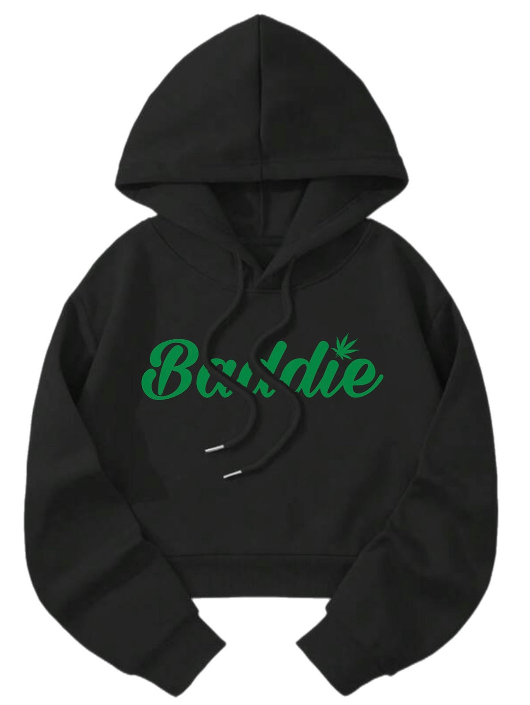 Baddie w/ Leaf  (Green Font) Crop Top Certified Baddie Club Black Hoodie