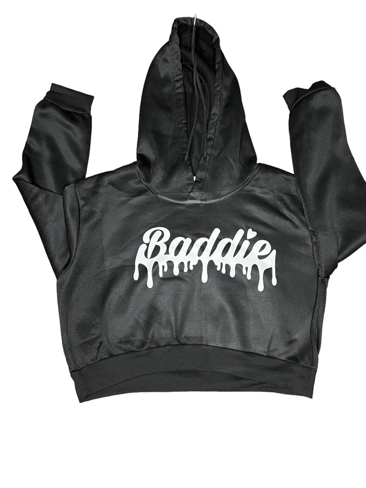 Baddie Drip (White Font) Crop Top Certified Baddie Club Black Hoodie
