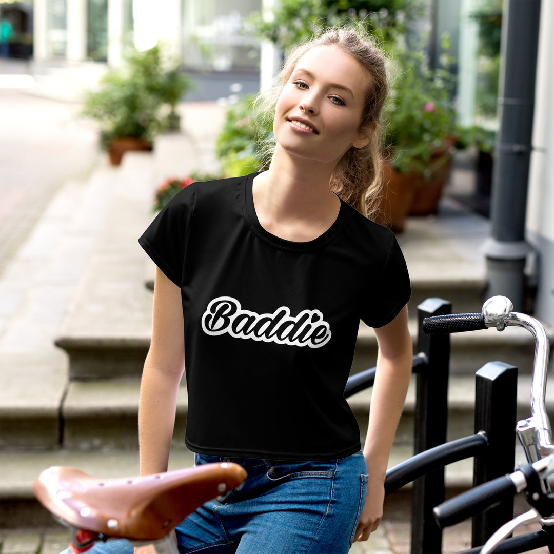 Baddie Outline All-Over Print Black Crop Tee