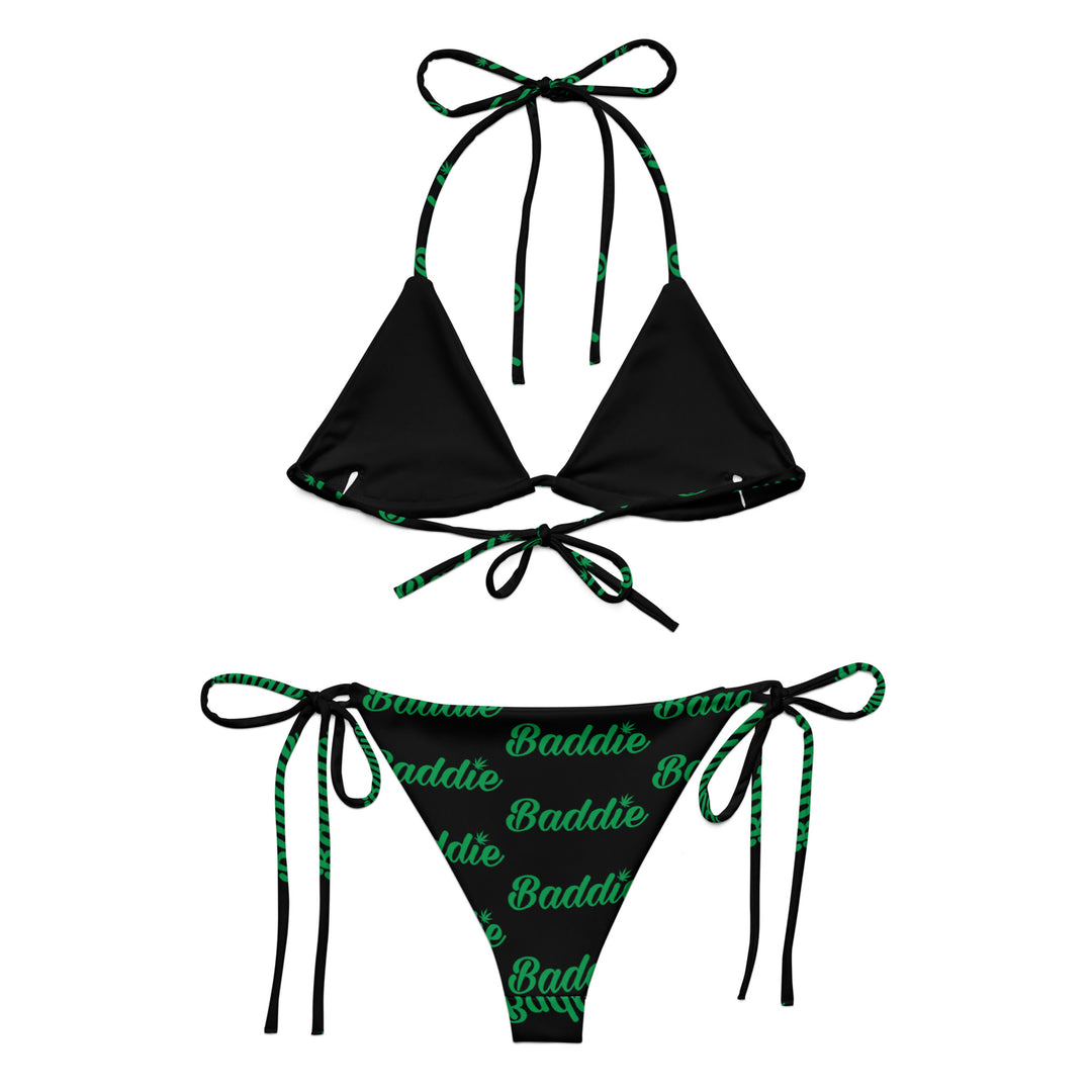 BLACK HOT STRING WOMAN BIKINI WITH GREEN BADDIE LOGO PERFECT SUMMER AND BEACH SWIMWEAR
