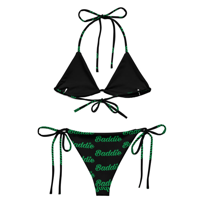 BLACK HOT STRING WOMAN BIKINI WITH GREEN BADDIE LOGO PERFECT SUMMER AND BEACH SWIMWEAR