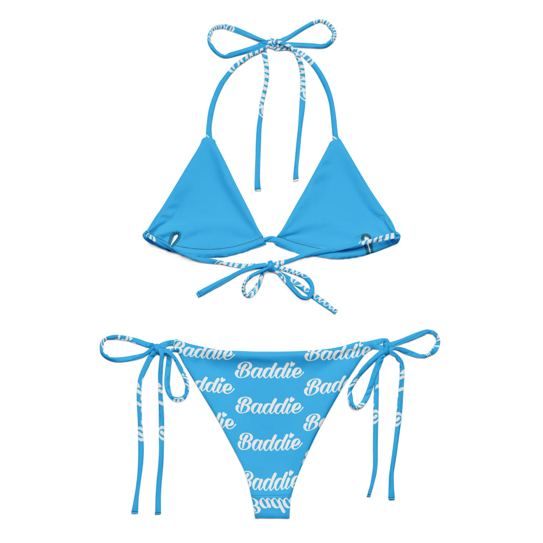 LIGHT BLUE HOT STRING WOMAN BIKINI WITH WHITE BADDIE LOGO PERFECT SUMMER AND BEACH SWIMWEAR