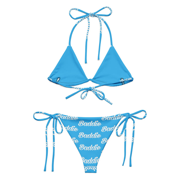 LIGHT BLUE HOT STRING WOMAN BIKINI WITH WHITE BADDIE LOGO PERFECT SUMMER AND BEACH SWIMWEAR