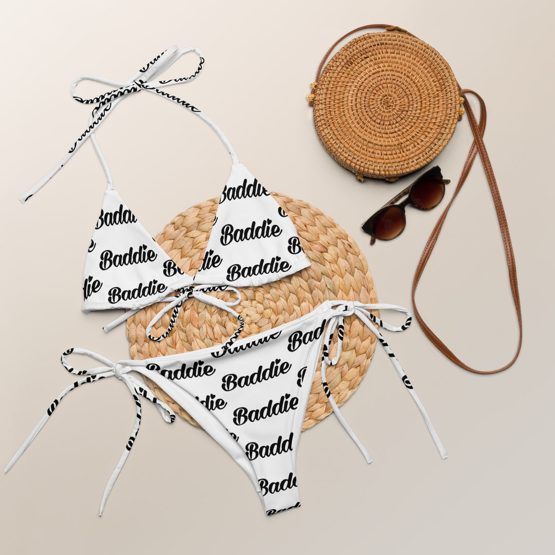 White Hot String Woman Bikini With Black Baddie Logo