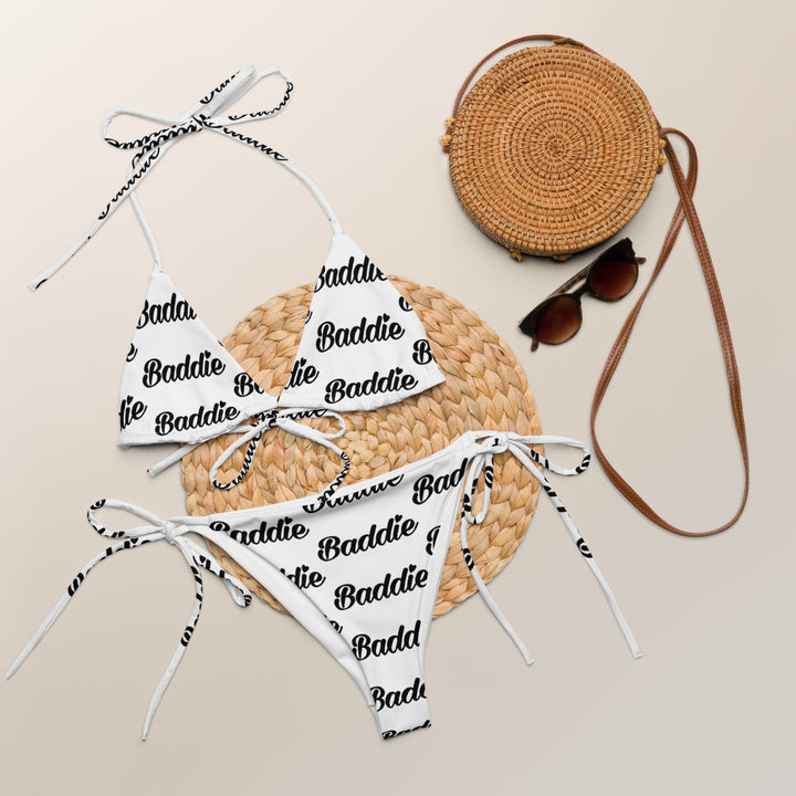 White Hot String Woman Bikini With Black Baddie Logo