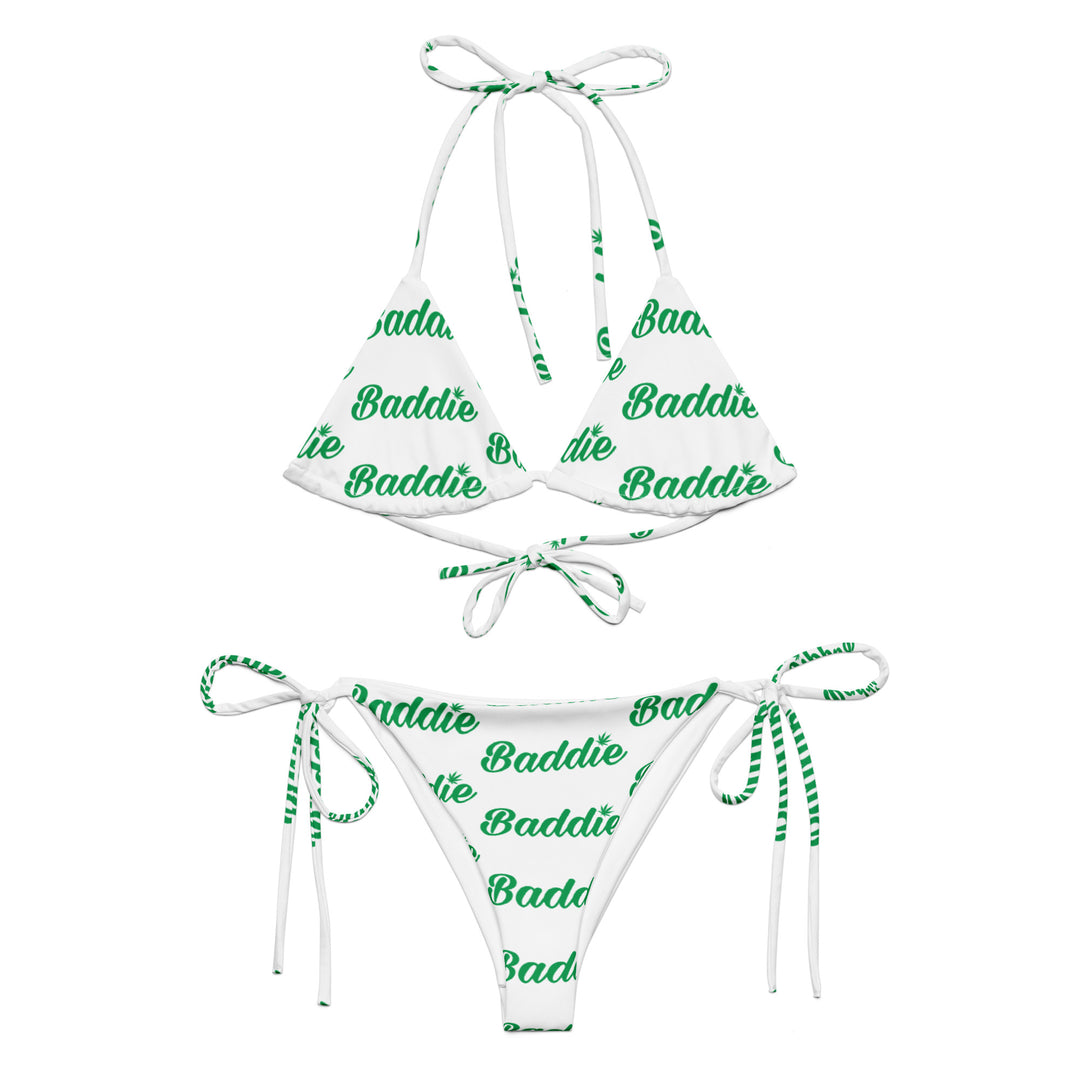 WHITE HOT STRING WOMAN BIKINI WITH GREEN BADDIE LEAF LOGO PERFECT SUMMER AND BEACH SWIMWEAR