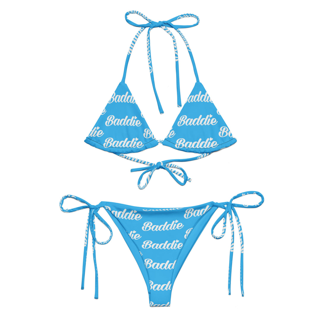 LIGHT BLUE HOT STRING WOMAN BIKINI WITH WHITE BADDIE LOGO PERFECT SUMMER AND BEACH SWIMWEAR