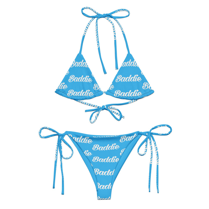 LIGHT BLUE HOT STRING WOMAN BIKINI WITH WHITE BADDIE LOGO PERFECT SUMMER AND BEACH SWIMWEAR