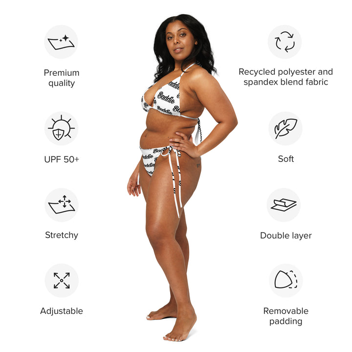 White Hot String Woman Bikini With Black Baddie Logo