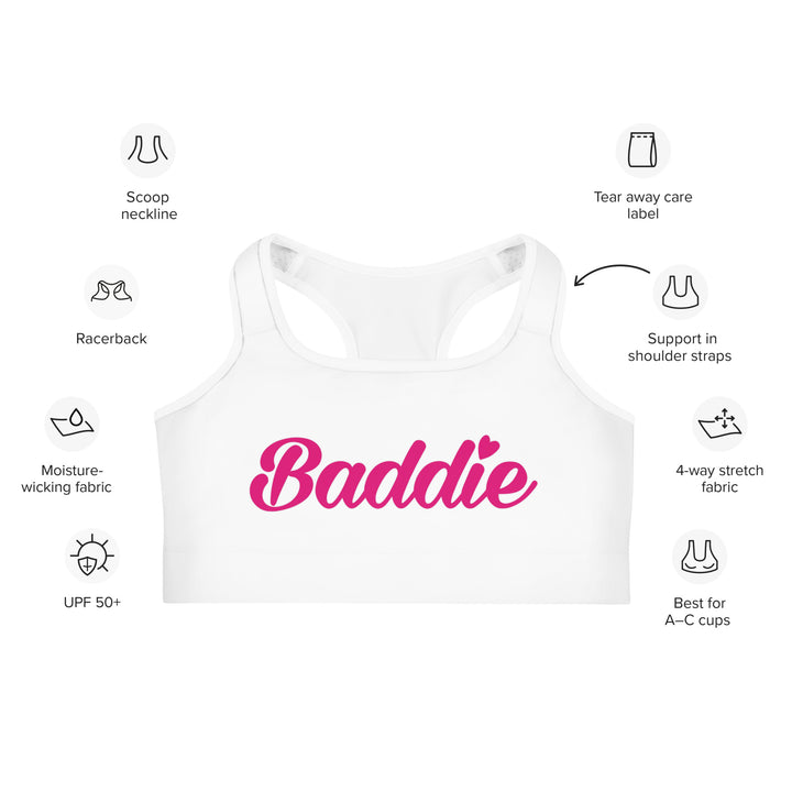 WHITE SPORTS BRA BADDIE (PINK PRINT)