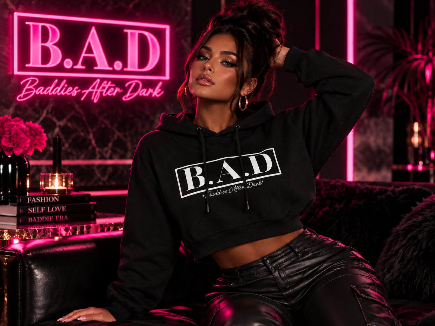 Baddies After Dark crop hoodie lifestyle campaign