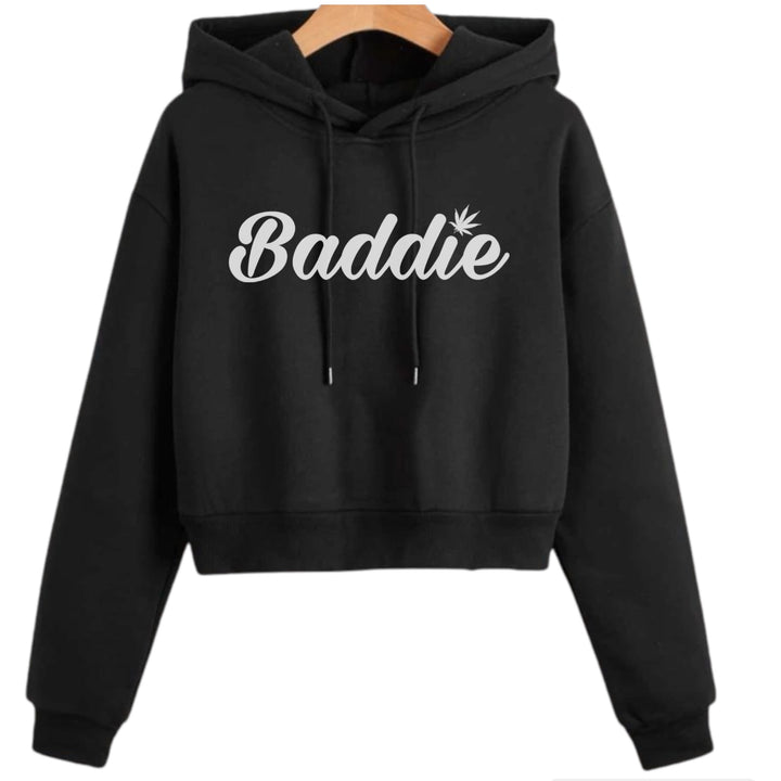 Baddie w/ Leaf  (White Font) Crop Top Certified Baddie Club Hoodie