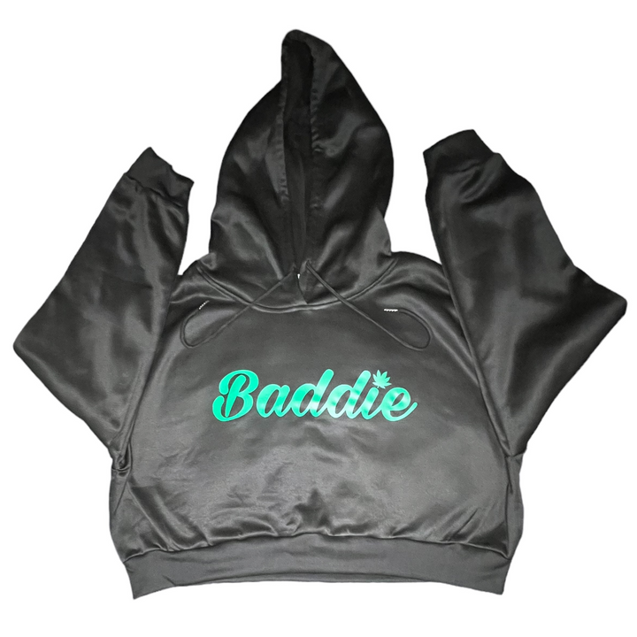 Baddie w/ Leaf  (Green Font) Crop Top Certified Baddie Club Black Hoodie