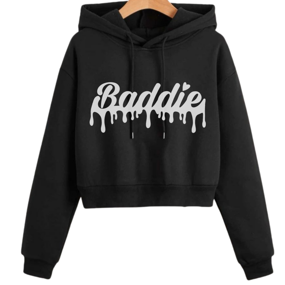 Baddie Drip (White Font) Crop Top Certified Baddie Club Black Hoodie