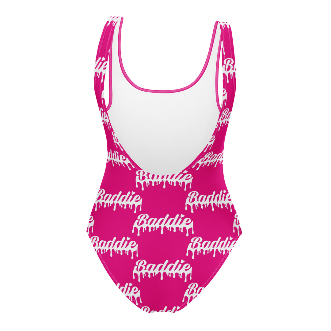 Pink One-Piece Swimsuit With White Baddie Drip Logo Perfect for Swimwear and beach