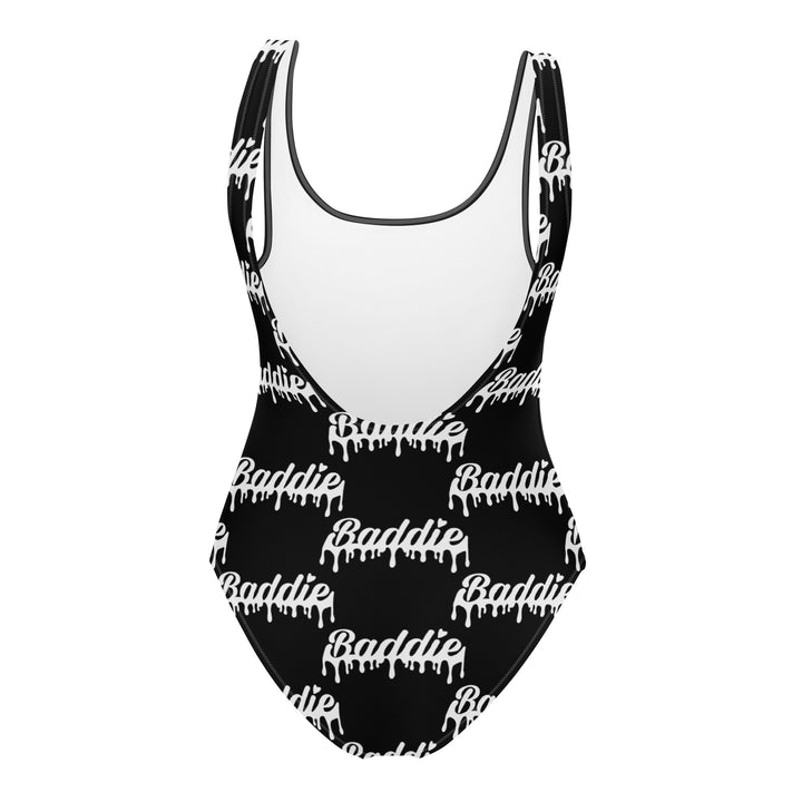 Black One-Piece Swimsuit With White Baddie Drip Logo Perfect for Swimwear and beach