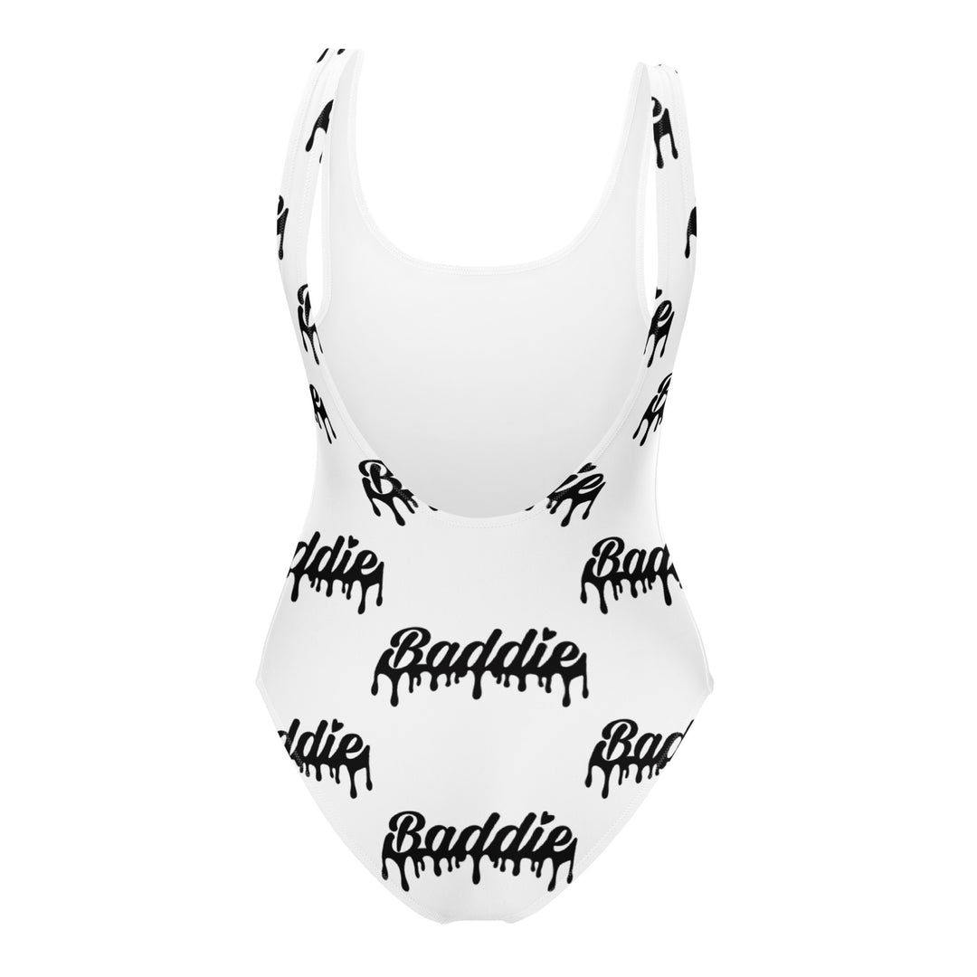 White One-Piece Swimsuit With Black Baddie Drip Logo Perfect for Swimwear and beach