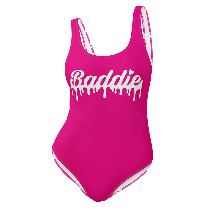 Pink One-Piece Swimsuit With White Baddie Drip Logo Perfect for Swimwear and beach