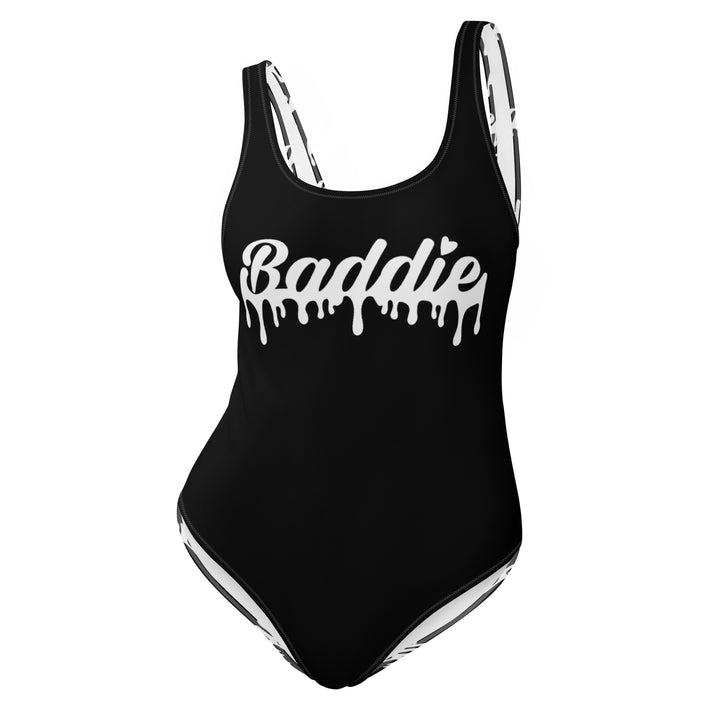 Black One-Piece Swimsuit With White Baddie Drip Logo Perfect for Swimwear and beach