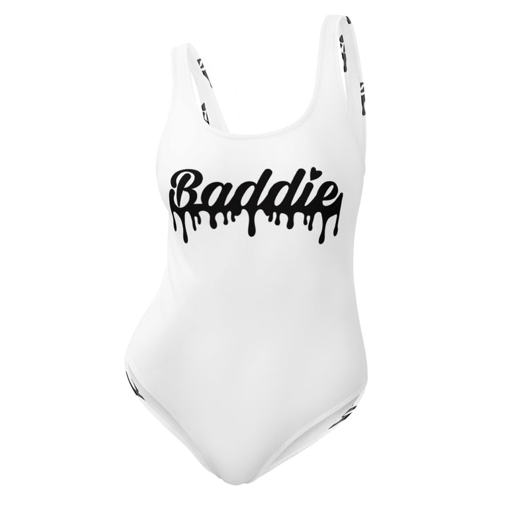 White One-Piece Swimsuit With Black Baddie Drip Logo Perfect for Swimwear and beach