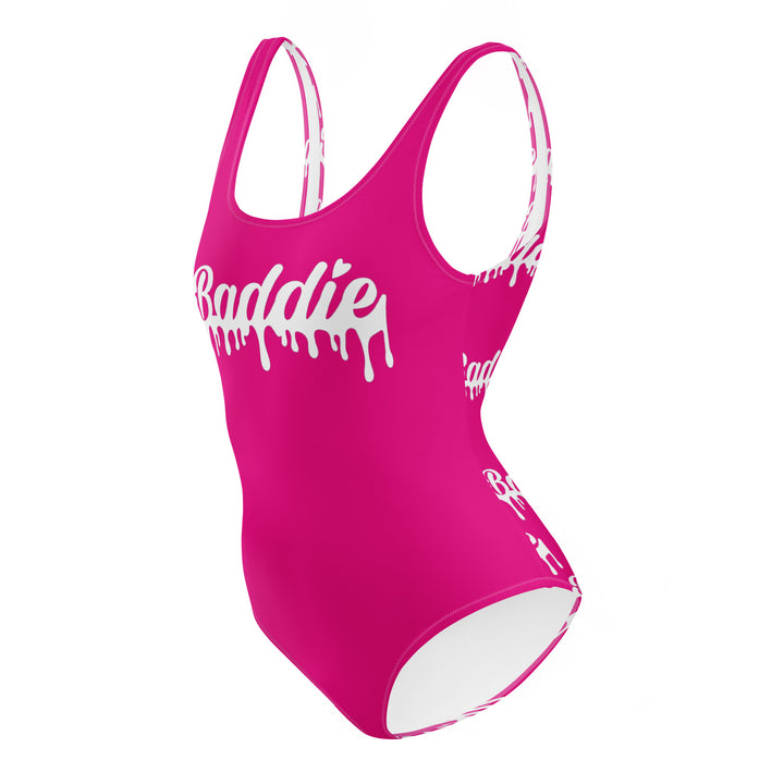 Pink One-Piece Swimsuit With White Baddie Drip Logo Perfect for Swimwear and beach