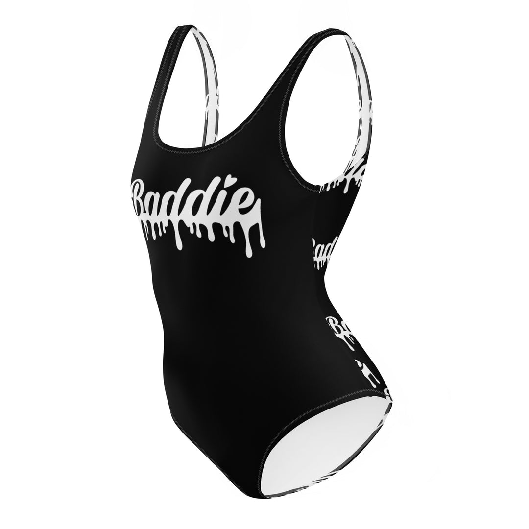 Black One-Piece Swimsuit With White Baddie Drip Logo Perfect for Swimwear and beach