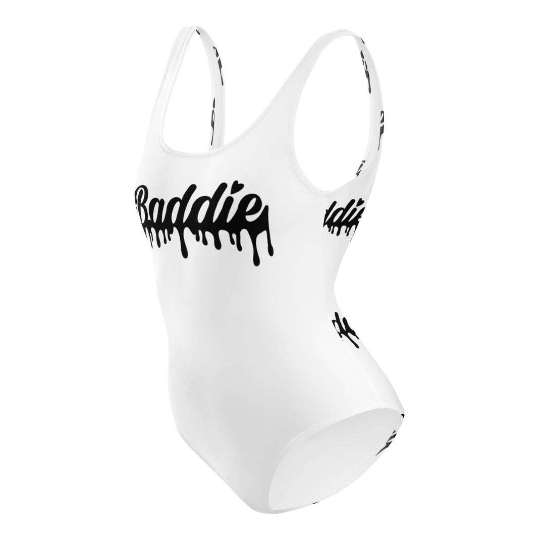 White One-Piece Swimsuit With Black Baddie Drip Logo Perfect for Swimwear and beach