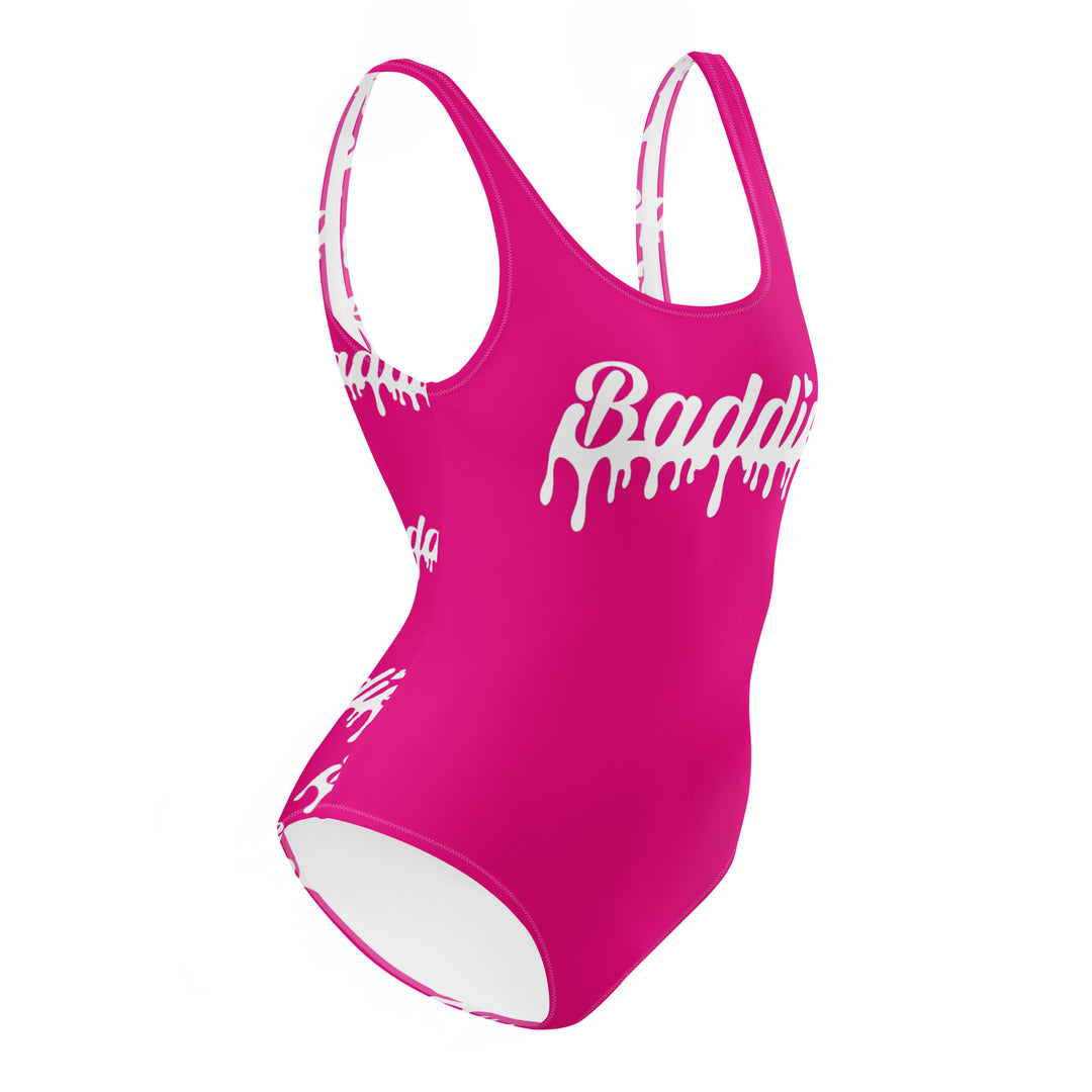 Pink One-Piece Swimsuit With White Baddie Drip Logo Perfect for Swimwear and beach