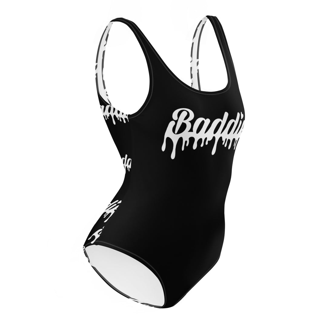 Black One-Piece Swimsuit With White Baddie Drip Logo Perfect for Swimwear and beach