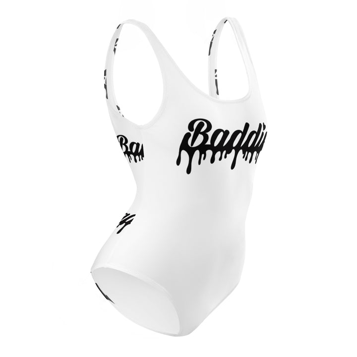 White One-Piece Swimsuit With Black Baddie Drip Logo Perfect for Swimwear and beach