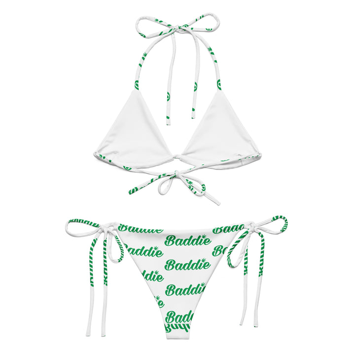 WHITE HOT STRING WOMAN BIKINI WITH GREEN BADDIE LEAF LOGO PERFECT SUMMER AND BEACH SWIMWEAR