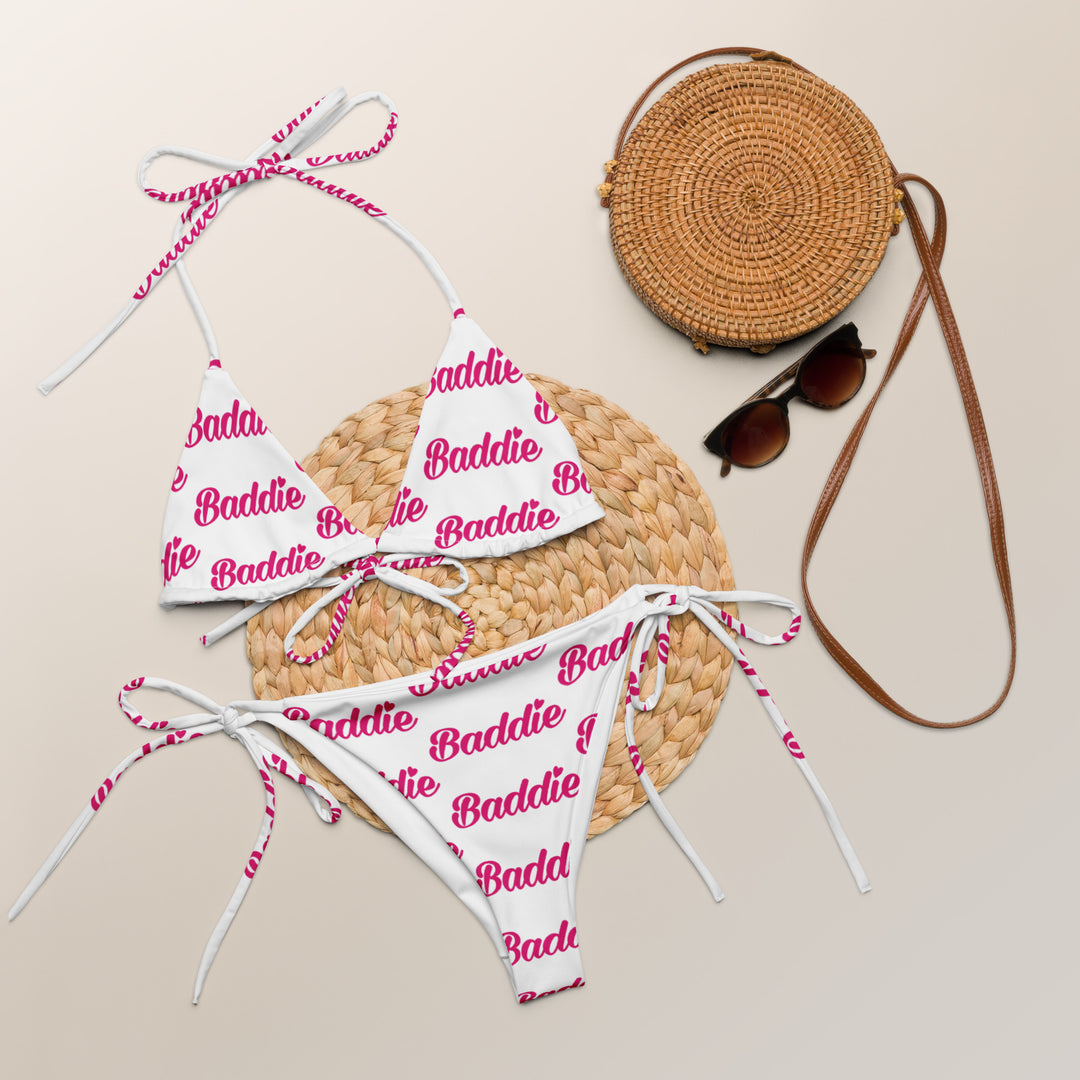 White Hot String Woman Bikini With Pink Baddie Logo perfect summer and beach swimwear