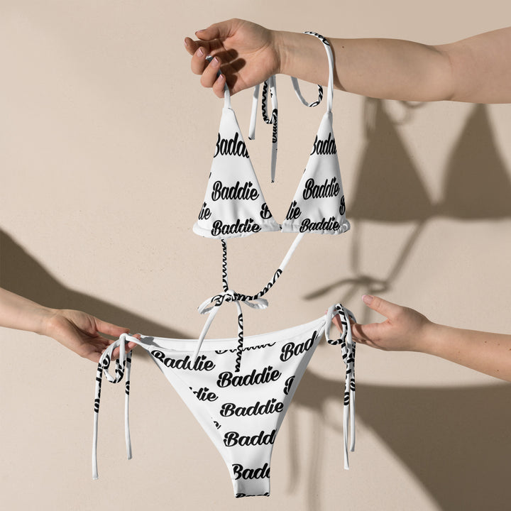 White Hot String Woman Bikini With Black Baddie Logo