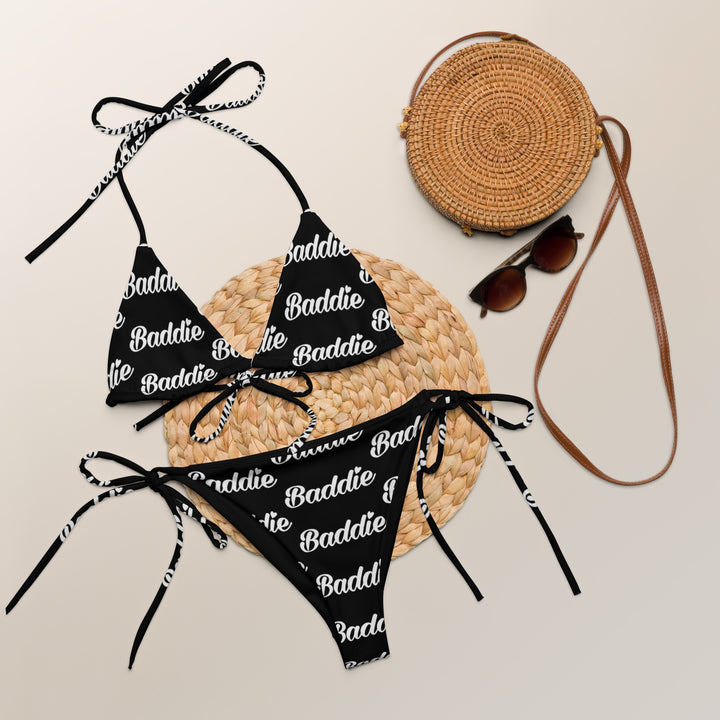 Black Hot String Woman Bikini With White Baddie Logo perfect summer and beach swimwear