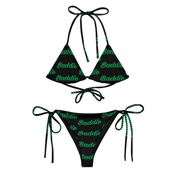 BLACK HOT STRING WOMAN BIKINI WITH GREEN BADDIE LOGO PERFECT SUMMER AND BEACH SWIMWEAR