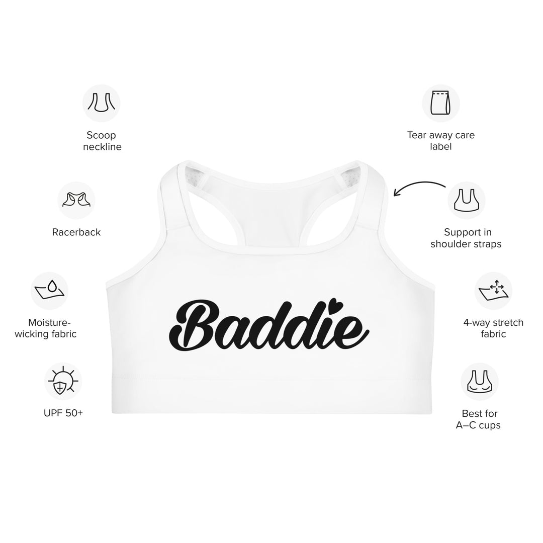 WHITE SPORTS BRA BADDIE (BLACK PRINT)