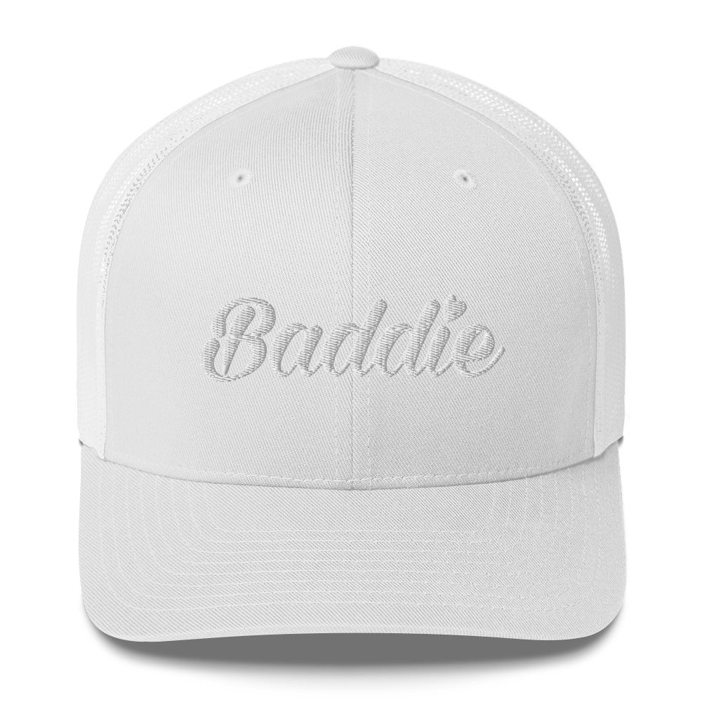 Baddie Trucker Cap (White Print)